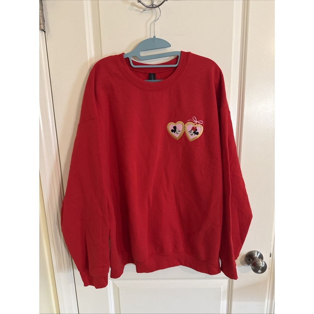Red Mickey & Minnie Mouse Sweetheart Locket Embroidered Crew Neck Sweatshirt XL